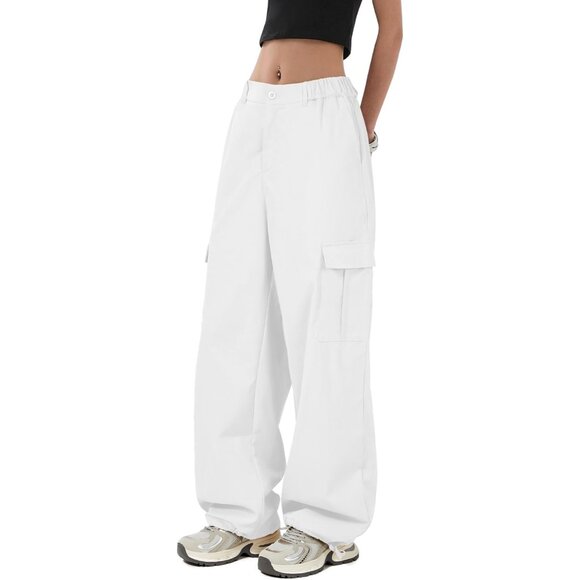 Women's Stretchy Baggy Parachute Pants - High Waist White Joggers with Pockets - Picture 3 of 6